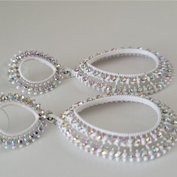 Earrings Double Teardrop White Aurora Borealis Crystal Earrings #0062 - Picture 10 of 13